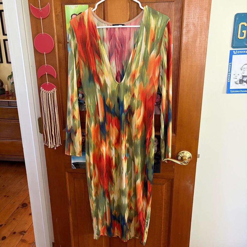 Fashion Nova Vibrant Multicolor V-Neck Long Sleeve Midi Dress
